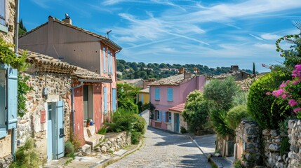 Fototapeta premium A picturesque French village with colorful buildings and cobbled streets.