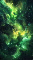 Fototapeta premium Vibrant abstract representation of green energy in cosmic setting, showcasing swirling patterns and luminous elements