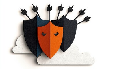 Colorful 3D Shields with Arrows on Cloud Background for Defense and Protection Concepts