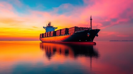 Dramatic twilight shot of a large cargo ship loaded with containers moored in the serene ocean reflecting the vibrant sunset colors in the calm waters