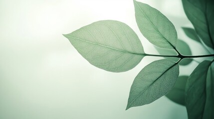 Naklejka premium Delicate Green Leaves with Detailed Veins Against a Soft White Background