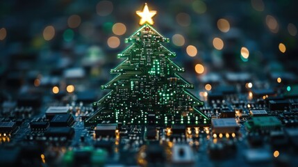 Festive circuit board christmas tree with star, lights blurred in background