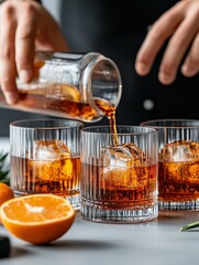 Hands of a bartender pouring a cocktail from a mixing glass, straining it through a sieve into a stemmed glass