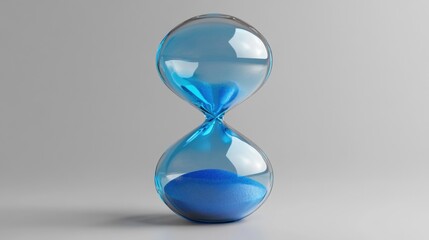 Elegant glass hourglass with blue sand on simple gray background
