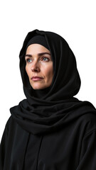 Naklejka premium Thoughtful woman in black hijab on white background