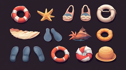 Naklejka premium Set of beach-themed vector illustrations, including flip-flops, lifebuoys, and sun hats.