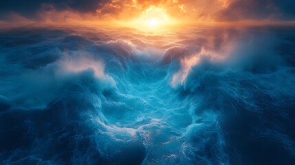 Fototapeta premium Dramatic ocean sunset, waves crashing, fiery sky, sea background, spiritual imagery
