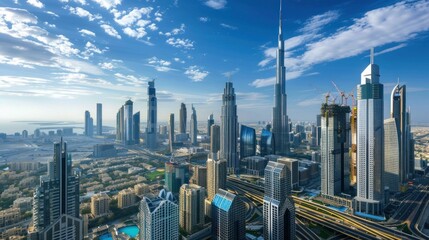 Naklejka premium A panoramic cityscape with towering buildings and busy streets.