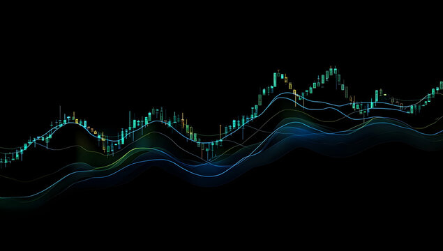 A stock market graph with green and blue lines, a dark background