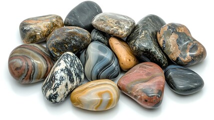 Stack of smooth beach rocks with natural variations in shape and color, isolated on white.