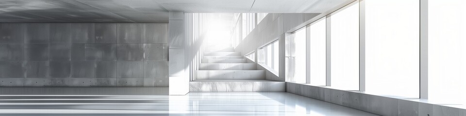 Obraz premium minimalist white concrete interior with stairs and windows casting long shadows in sunlight
