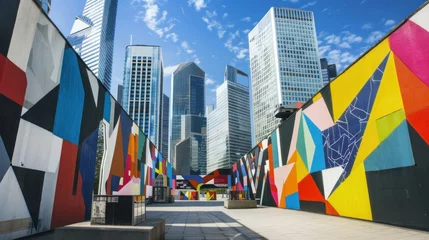 Fotobehang Wide view of La DÃ©fense with geometric buildings and outdoor art. © Chandara
