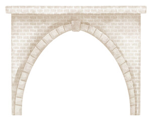 Watercolor stone Arch illustration. Drawing of antic structure element on isolated background. Art of historical masonry wall with doorway for childish greeting cards or kids invitations.