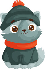 Adorable cartoon gray cat dressed in a cozy winter outfit with a pom-pom hat and scarf, sitting on a white background.