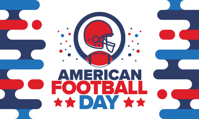 American Football Day. Holiday for American football fans in United States. Game Day. Professional team sport. Championship. Ball and Helmet. Sport poster. Vector illustration