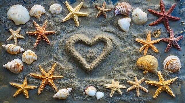 Starfish and seashells arranged in a heart shape on soft sand.