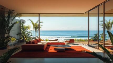 Fototapeta premium Modern beachfront living room with ocean view and stylish furniture in tropical setting