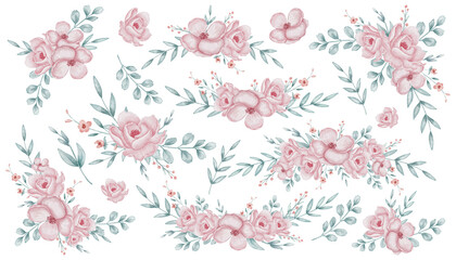 Watercolor Floral illustrations with delicate pastel pink Flowers and green leaves. Drawing for baby greeting cards, wedding invitations or childish design. Art of borders with Roses for frames.