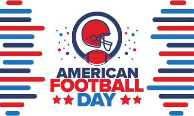 American Football Day. Holiday for American football fans in United States. Game Day. Professional team sport. Championship. Ball and Helmet. Sport poster. Vector illustration