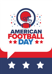 American Football Day. Holiday for American football fans in United States. Game Day. Professional team sport. Championship. Ball and Helmet. Sport poster. Vector illustration