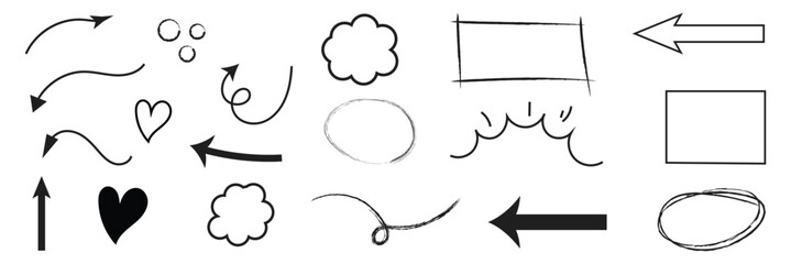 Line arrow hand drawn shape brush underline stroke element vector set. Hand drawn doodle sketch arrow, circle, star brush stroke scribble underline icon. Marker doodle heart vector illustration. 