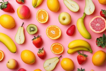 vibrant fruit arrangement on a pink background, featuring a variety of fruits with a neat and orderly layout, perfect for healthy eating promotion, fruit-themed decoration, or marketing materials