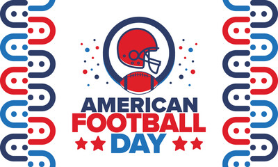 American Football Day. Holiday for American football fans in United States. Game Day. Professional team sport. Championship. Ball and Helmet. Sport poster. Vector illustration