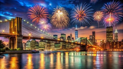 Fireworks Exploding Over NYC Skyline & Brooklyn Bridge at Night