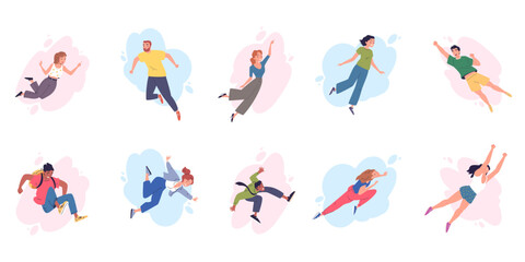 Flying inspirational people. Guy girl fly jump position, happy young dream person flight to future goals or falling creative imagination freedom concept set vector illustration