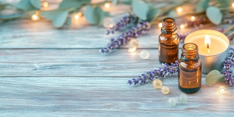 Serene Spa Setting: Amber essential oil bottles nestled amongst lavender sprigs and flickering candlelight, creating a tranquil and inviting spa atmosphere.