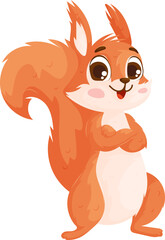 A cute cartoon squirrel standing with a confident pose, featuring a bushy tail, big eyes, and a cheerful expression.