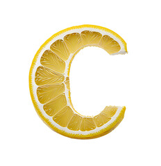 Letter C from a lemon slice isolated on layered transparent background. Design for presentation advertising, background display of cosmetic products. Natural vitamin C citruses and fruits. 