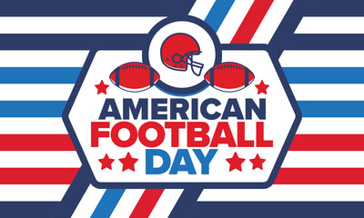 American Football Day. Holiday for American football fans in United States. Game Day. Professional team sport. Championship. Ball and Helmet. Sport poster. Vector illustration