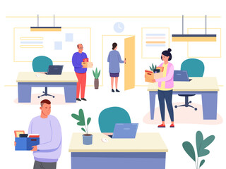 Layoff employees. Dismiss employee leave job workplace, employer fires colleagues sad tired worker office staff work resign unemployment employment concept vector illustration