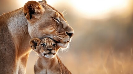 Fototapeta premium Closeup of a Lioness Tenderly Licking and Grooming Her Cub in a Peaceful Moment Captured in the Golden Light of the Savannah