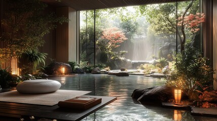 Fototapeta premium Serene Minimalist Spa Retreat with Natural Light and Soft Textures Luxury Spa Wellness Interiors Minimalist Zen-Inspired Design Tranquil Meditation Relaxation Spaces