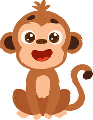 Adorable cartoon monkey with brown fur, big eyes, and a cheerful expression, sitting playfully with a curled tail and joyful pose.