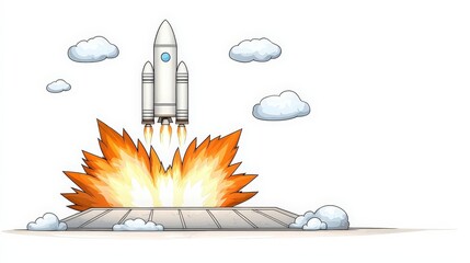 Rocket Launch with Explosive Flames and Clouds in a Cartoon Style Illustration