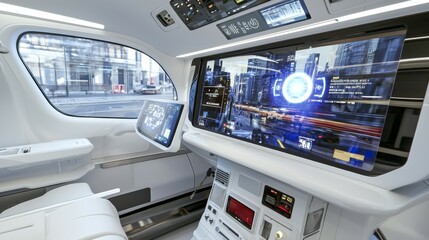 Urban Air Mobility and Connectivity concept. Futuristic vehicle interior with advanced technology and urban view through large windows.