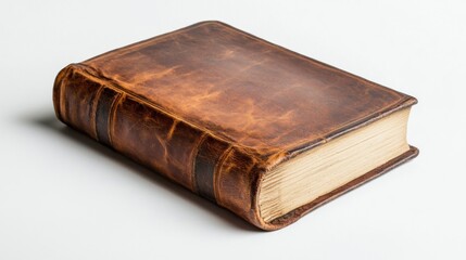 Obraz premium Vintage leather-bound book on white background with aged pages and classic design