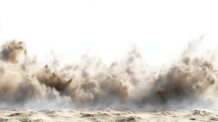 Dramatic sandstorm erupts against clear sky in desert environment, capturing intense movement