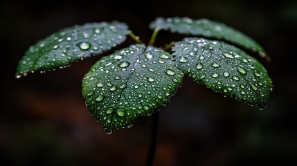 Lush Green Leaves with Water Droplets Nature Macro Photography Dew Drops on Foliage
