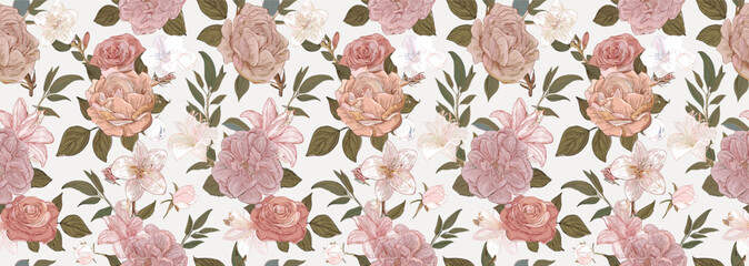 A seamless floral pattern with pink and orange flowers and brown leaves on a cream background.