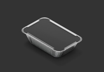 Blank aluminium foil container with black label mockup, dark background