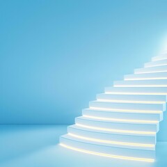 Naklejka premium A minimalist, illuminated staircase rises against a soft blue background, creating a serene and modern atmosphere.