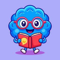 Cute Cartoon Character with Round Pink Body, Curly Red Hair, and Purple Glasses Reading a Red Book in Playful Educational Illustration Style