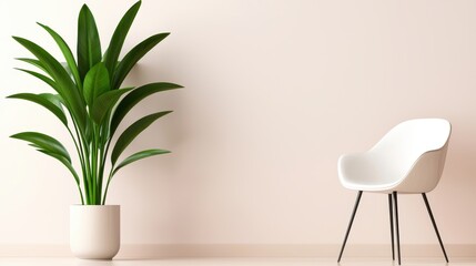 Fototapeta premium Modern Minimalist Interior Design White Chair and Green Plant in a Pastel Room