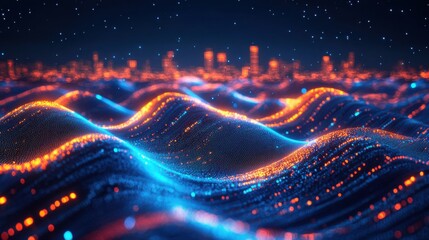 Obraz premium Futuristic neon waves with sparkling dots and cityscape skyline in night scene