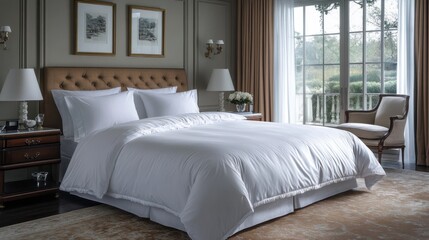Elegant bedroom with white bedding in well-lit room featuring wooden furniture and large window