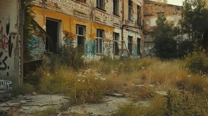 Fototapeta premium Exploring an abandoned ukrainian city with broken windows, crumbling walls, and overgrown vegetation